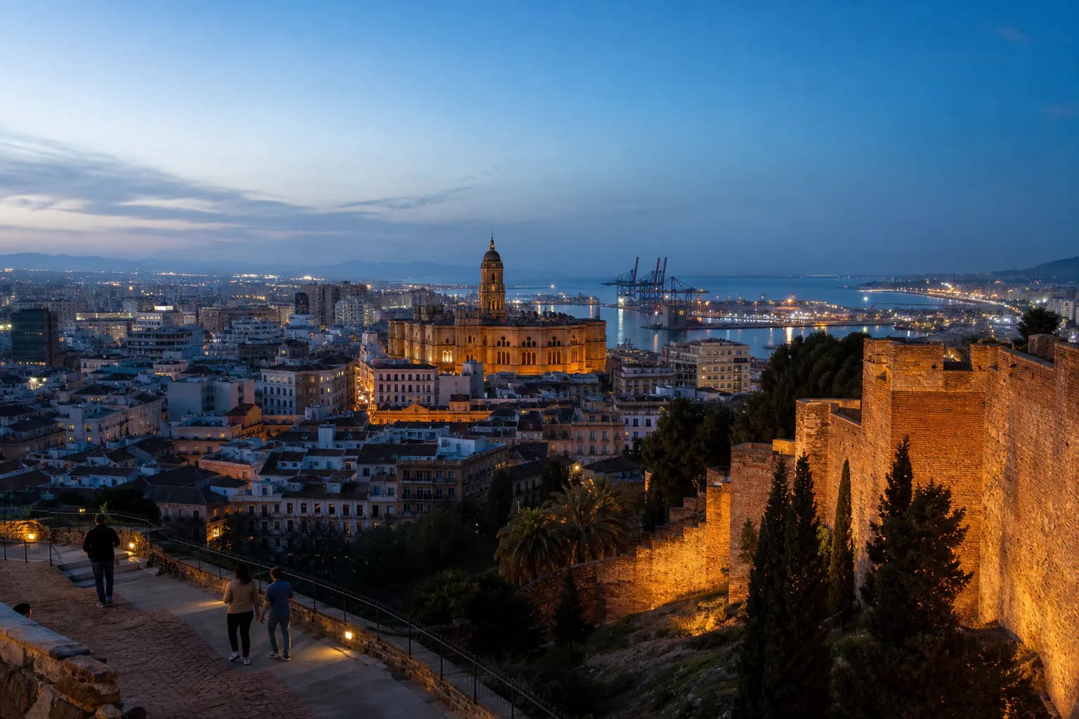 Málaga al atardecer desde la Alcazaba, con el centro y el puerto al fondo