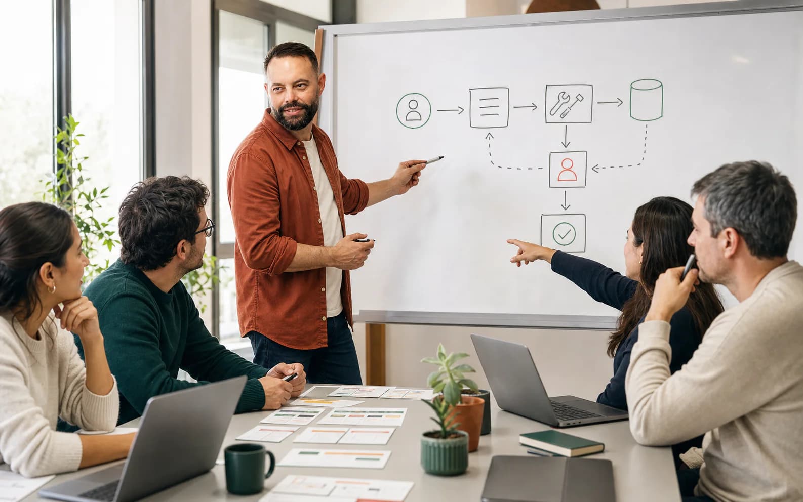 Luiseo explica a un equipo la arquitectura de un agente IA con herramientas y revision humana